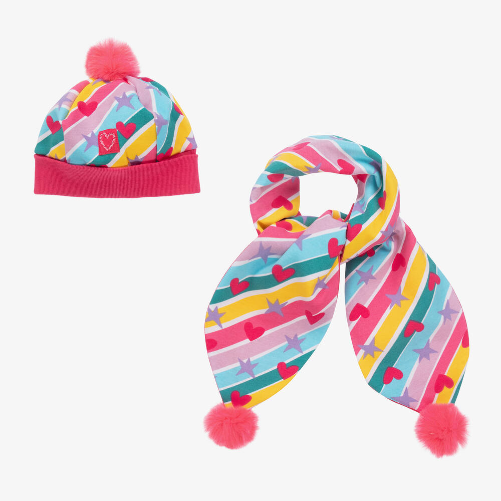 Rainbow print pink beanie and scarf set