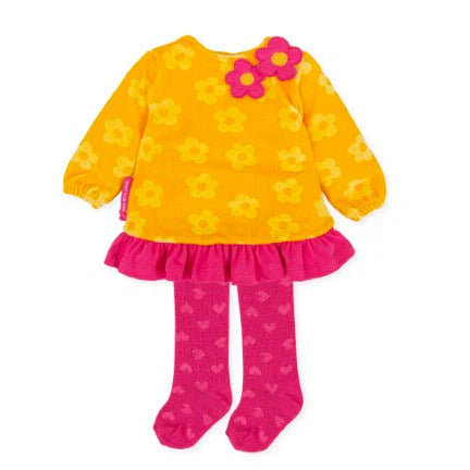 Yellow dress & leggings set with pink flower ensemble