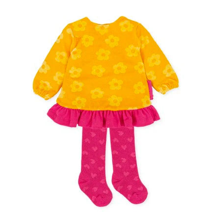 Yellow dress & leggings set with pink flower ensemble