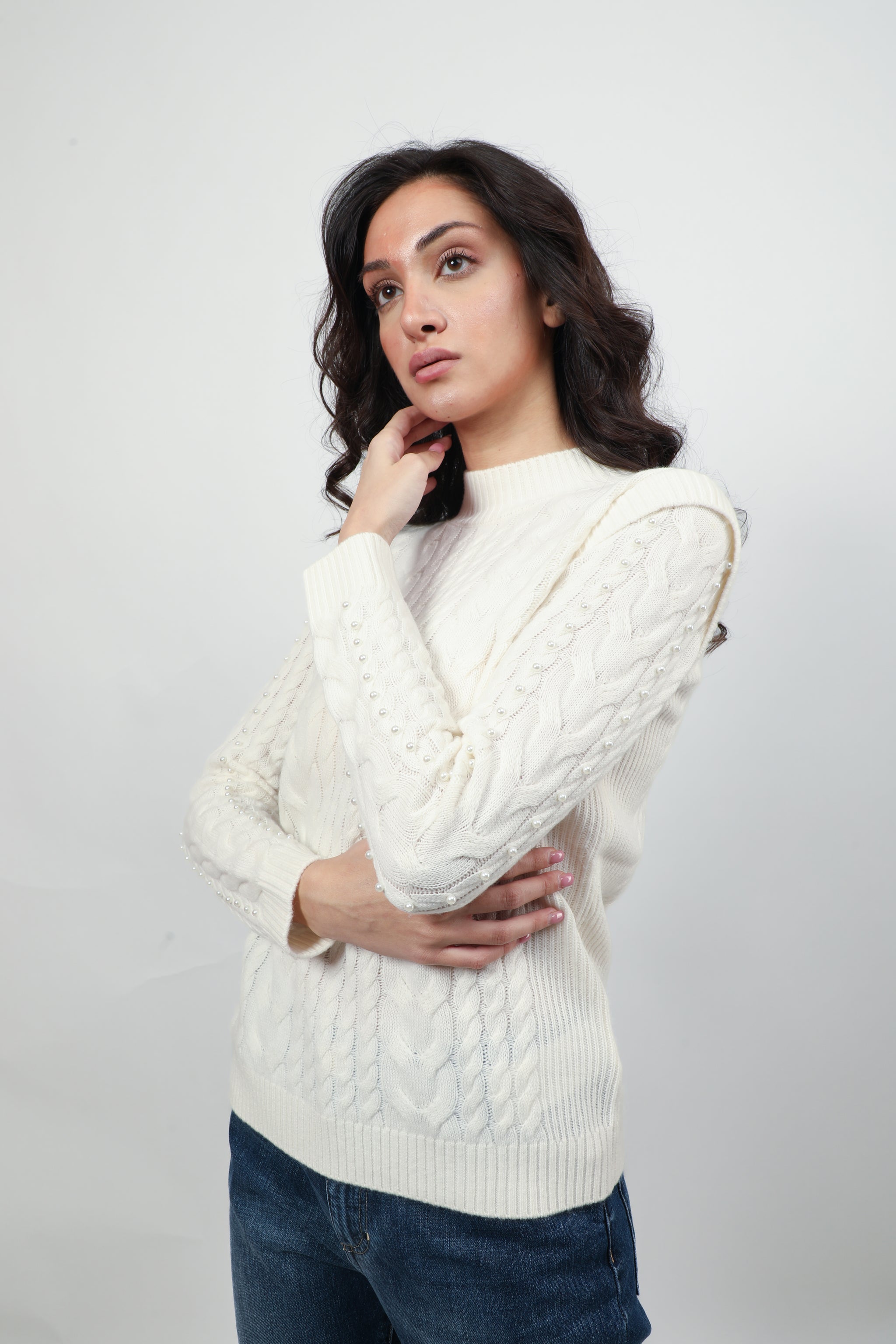 Rose-Gold Pearl-Embellished Cable knit
