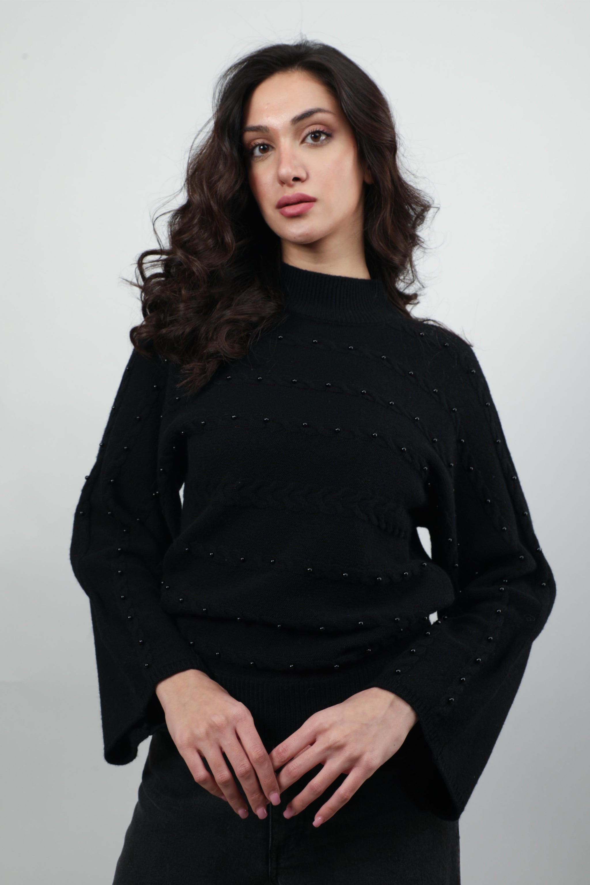 Mock-Neck Sweater with Beaded Cable Details