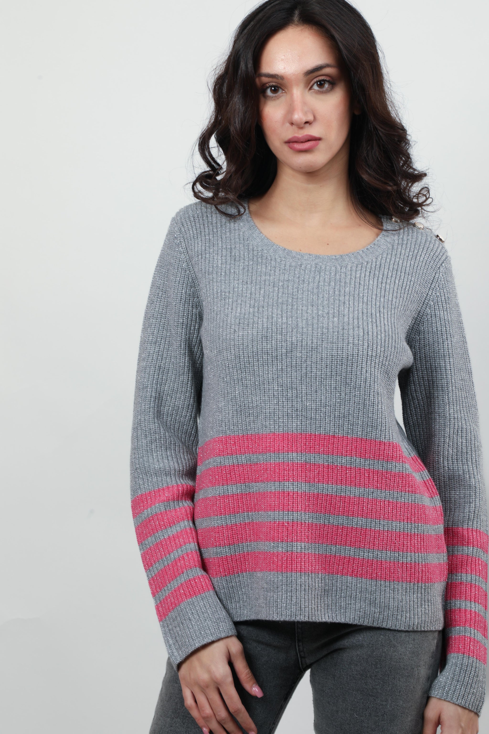 Grey & Pink Striped Sweater with Shoulder Button Detail