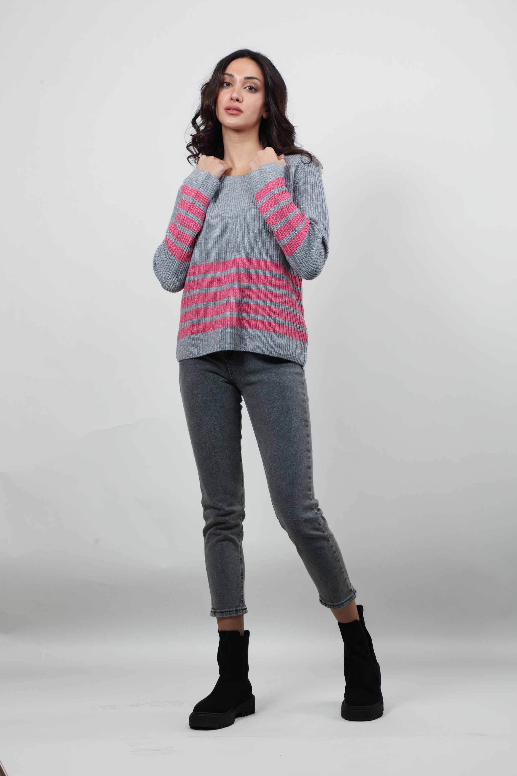 Grey & Pink Striped Sweater with Shoulder Button Detail