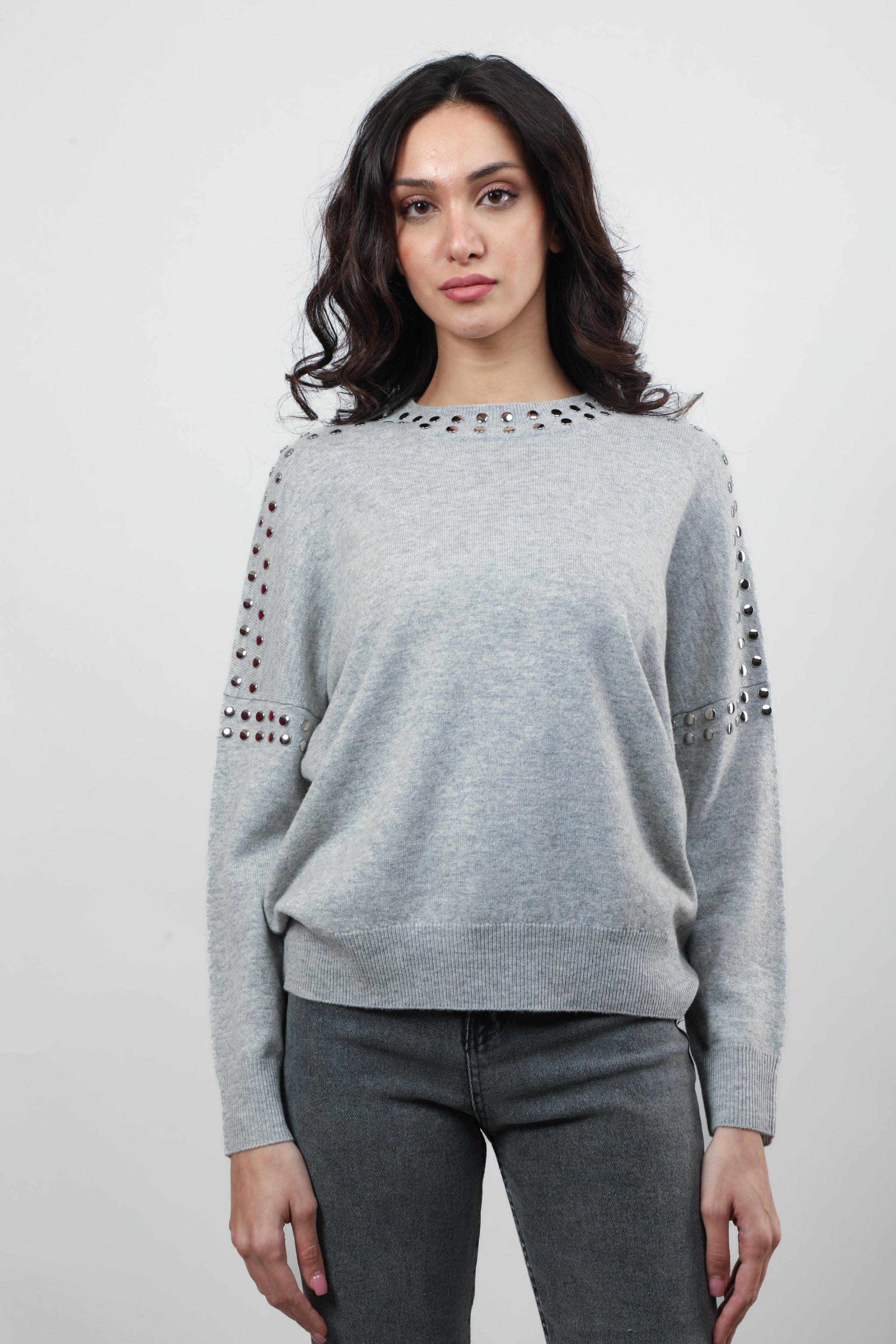 Gray Sweater with Studded Cut-Out Details  Description: