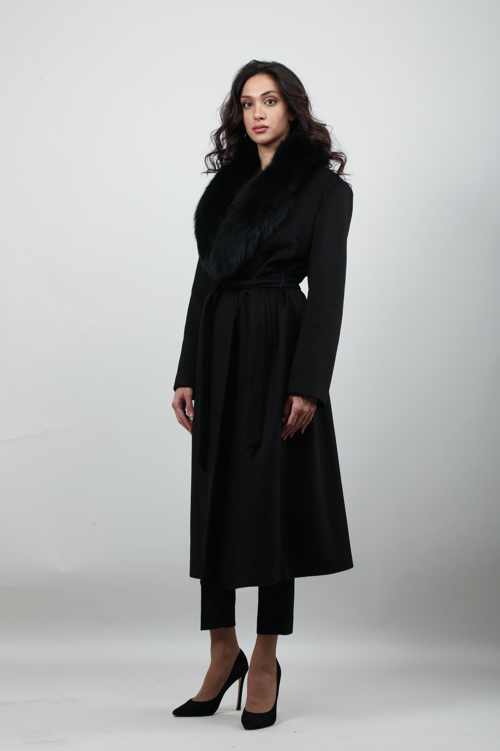 Faux Fur Collar and Belted Wrap Coat