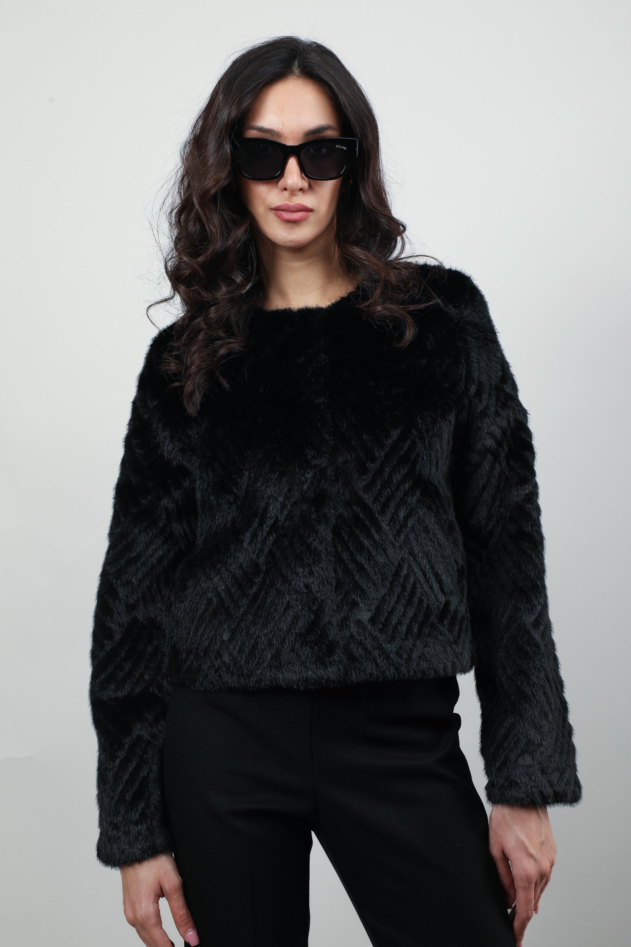 Chic Faux Fur Jacket with Chevron Pattern