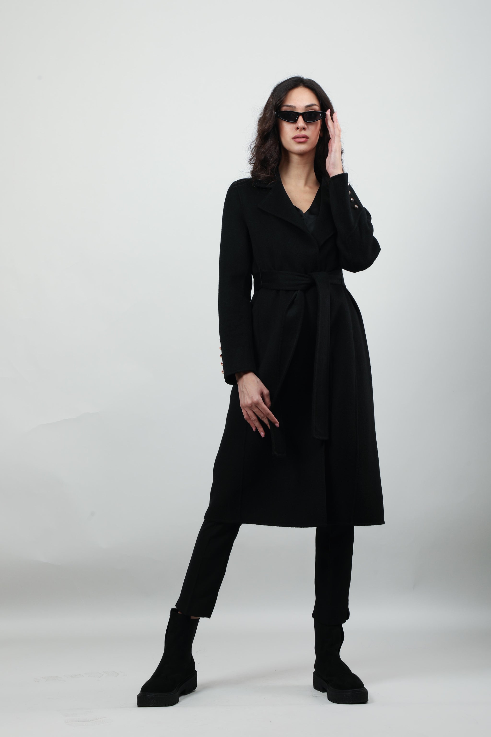 Wool Belted Coat with Button Cuff Detailing