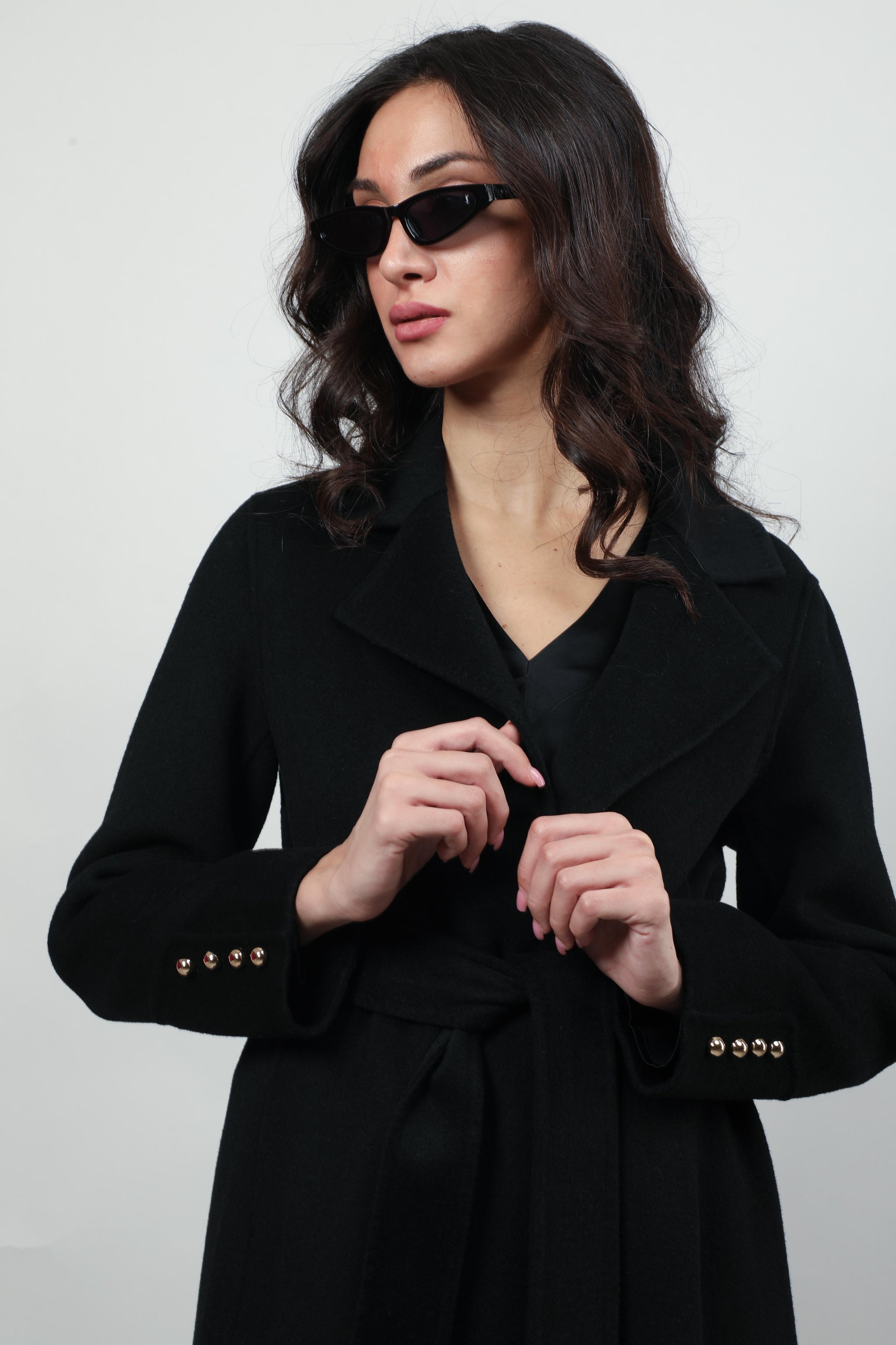 Wool Belted Coat with Button Cuff Detailing