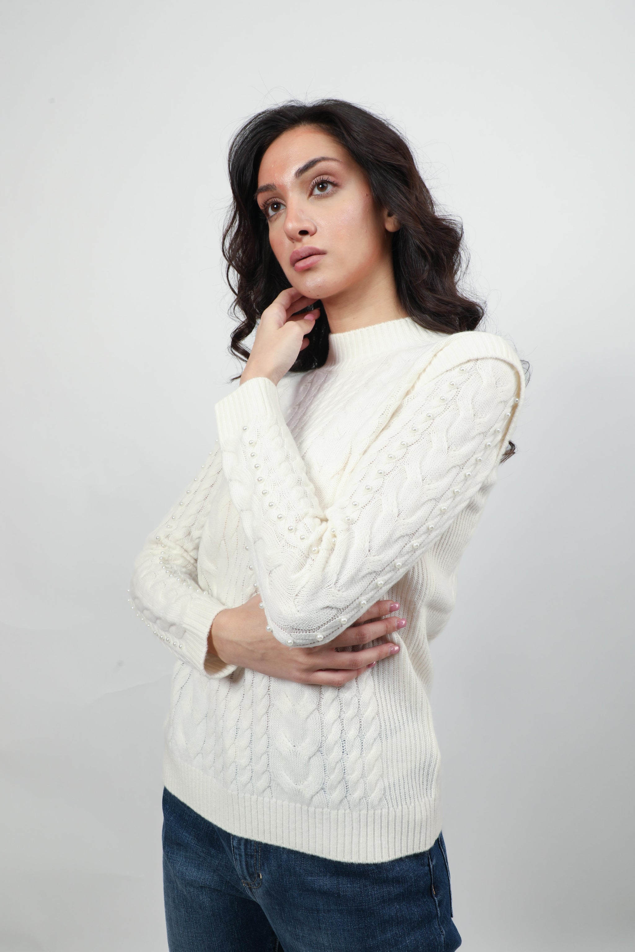 Pearl-Embellished Cable Knit Sweater