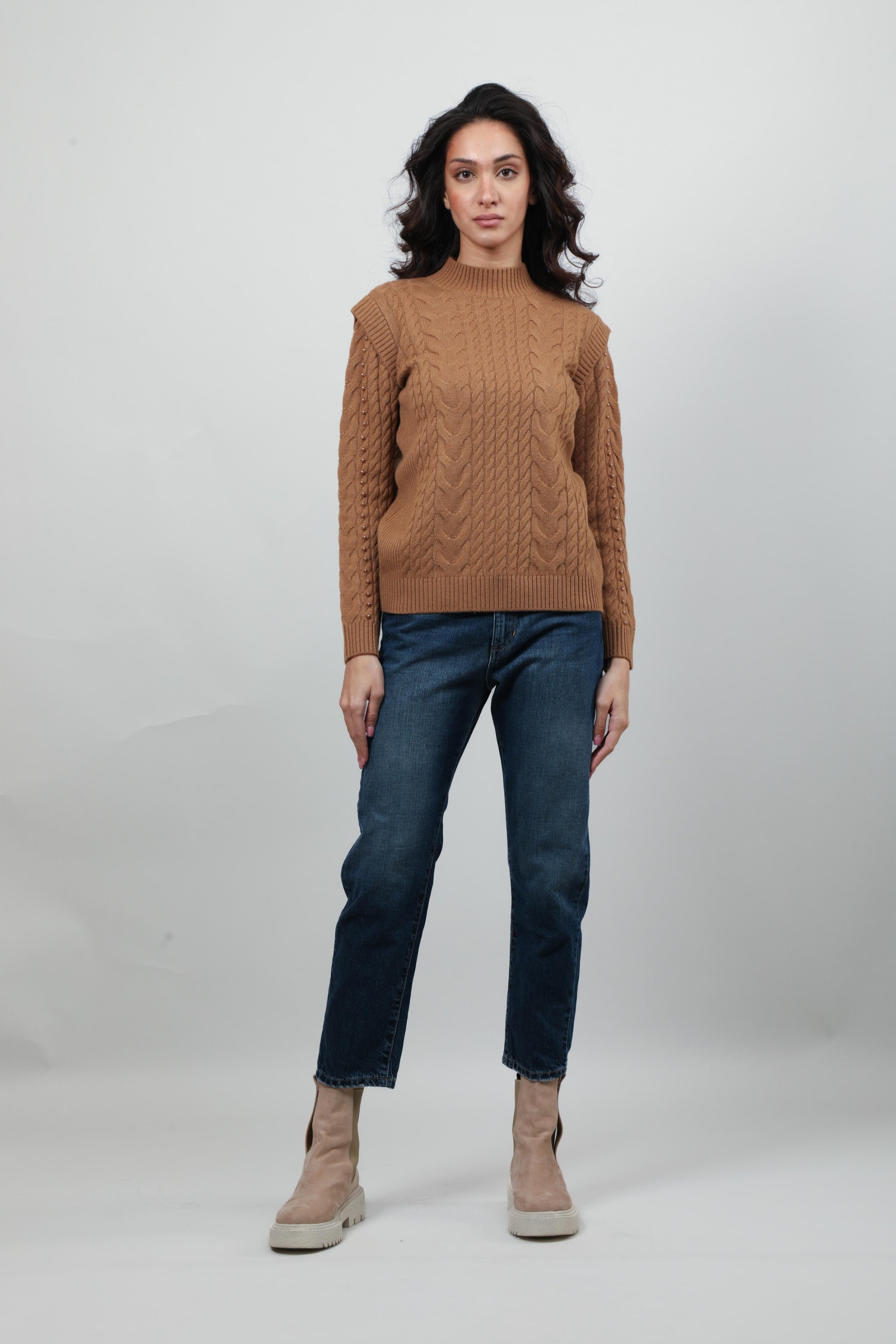 Pearl-Embellished Cable Knit Sweater