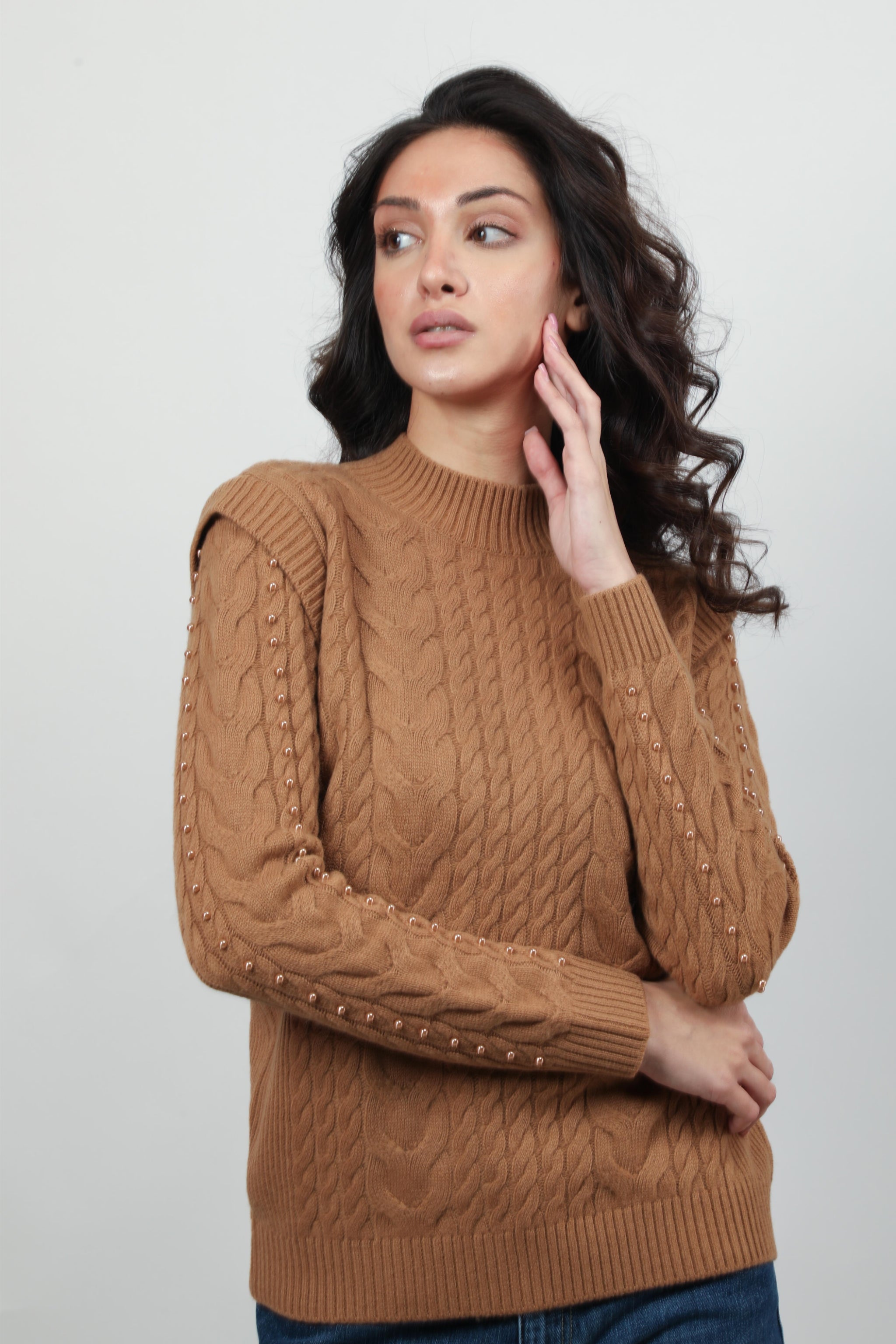 Pearl-Embellished Cable Knit Sweater